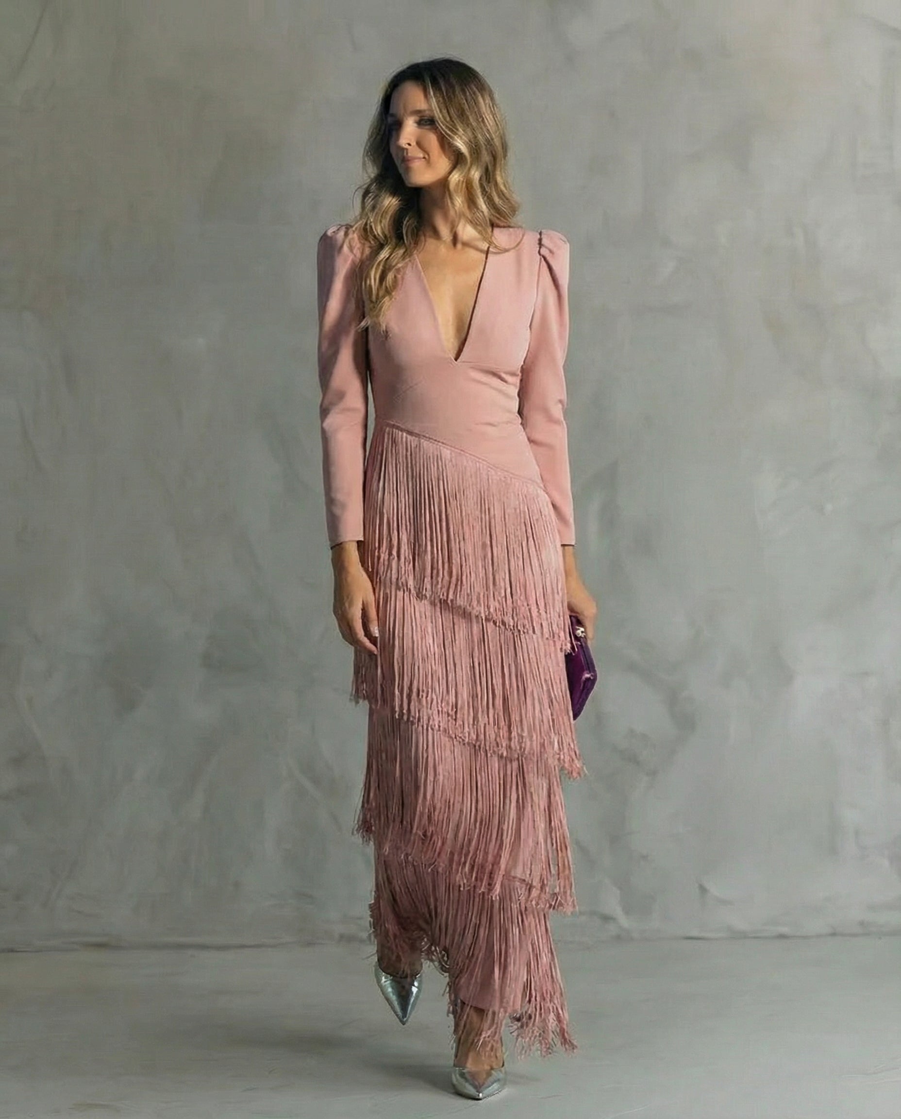 Genevieve | Women's Fringe Maxi Dress | V Neck Long Sleeve Cocktail Event Dress-Women Dress-Eltrendio