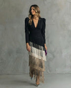 Genevieve | Women's Fringe Maxi Dress | V Neck Long Sleeve Cocktail Event Dress-Women Dress-Eltrendio
