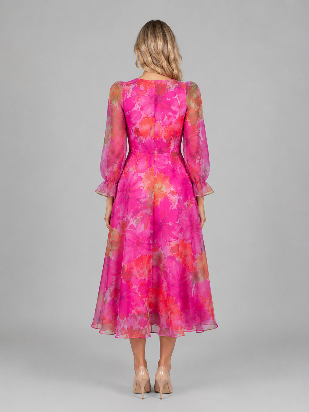 Genevieve | Women’s Midi Dress | Floral Print Puff Sleeve Wedding Guest-Women Dress-Eltrendio