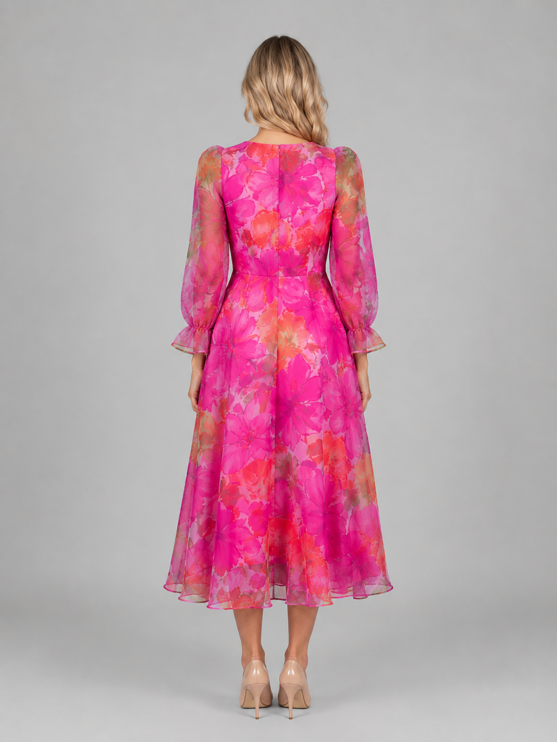 Genevieve | Women’s Midi Dress | Floral Print Puff Sleeve Wedding Guest-Women Dress-Eltrendio