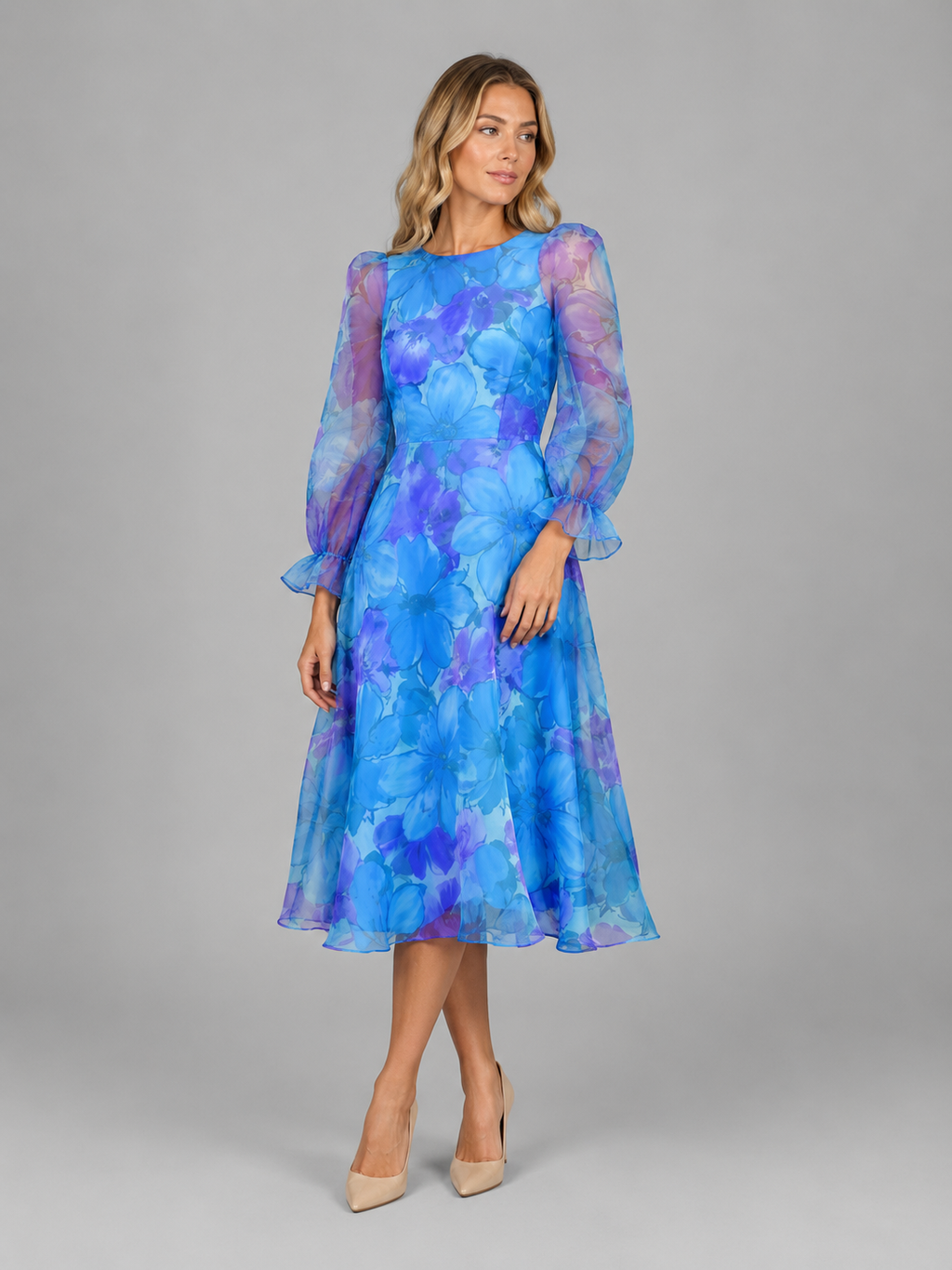 Genevieve | Women’s Midi Dress | Floral Print Puff Sleeve Wedding Guest-Women Dress-Eltrendio