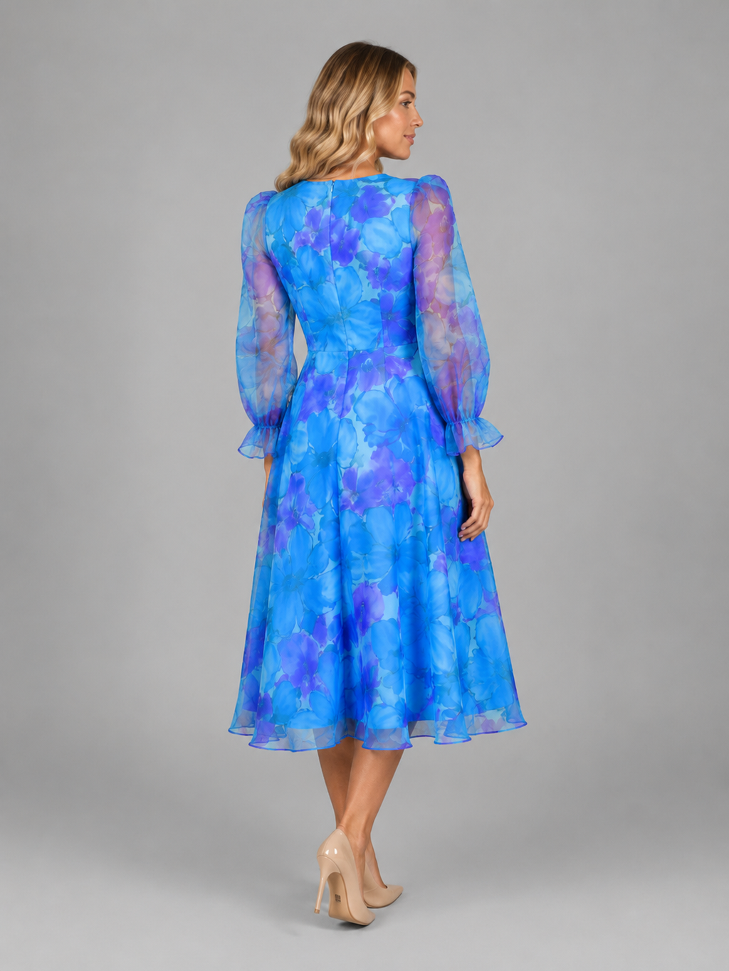 Genevieve | Women’s Midi Dress | Floral Print Puff Sleeve Wedding Guest-Women Dress-Eltrendio