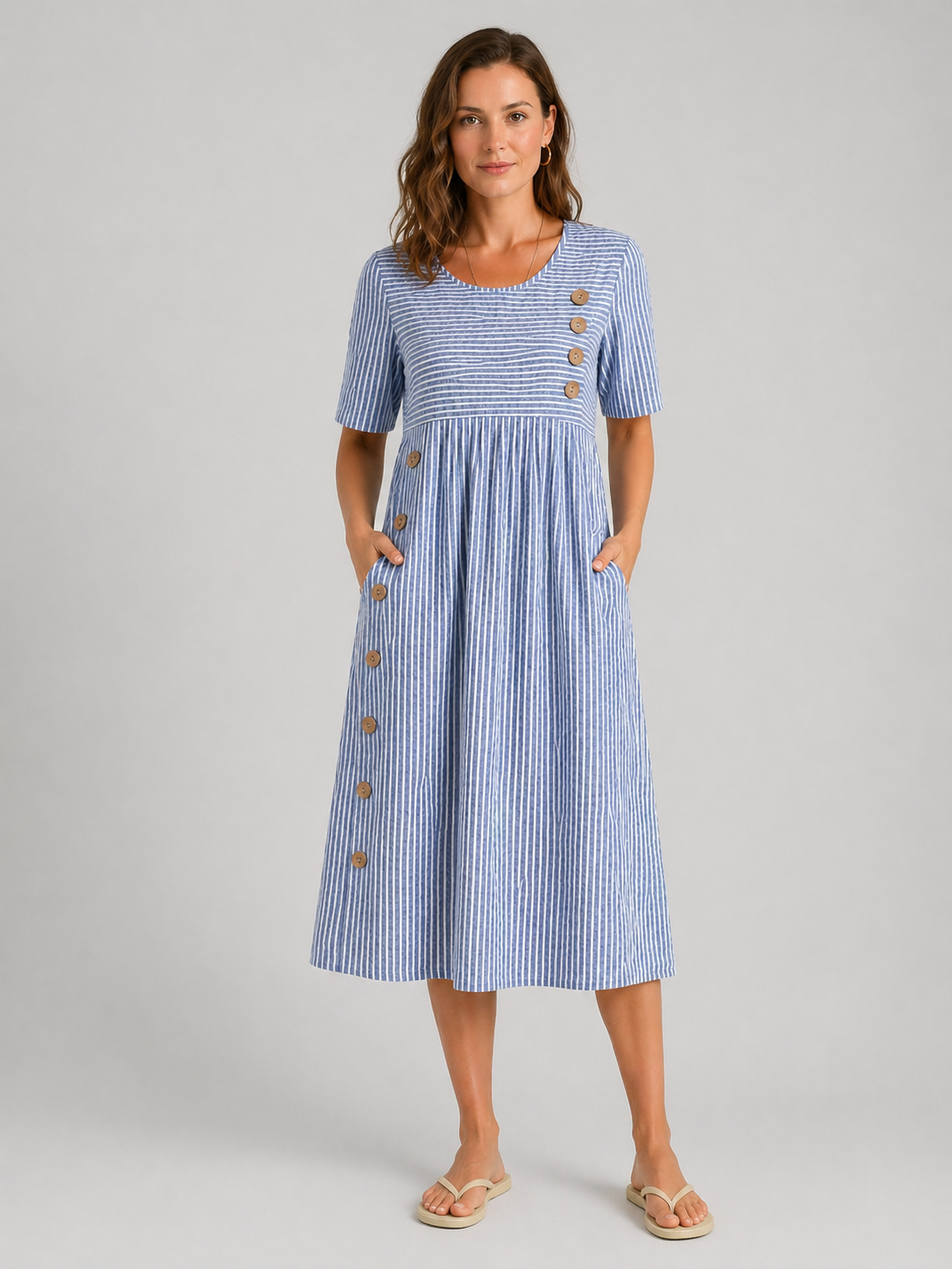 Harriet | Women’s Midi Dress | Striped Pocket Button-Women Dress-Eltrendio