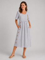 Harriet | Women’s Midi Dress | Striped Pocket Button-Women Dress-Eltrendio