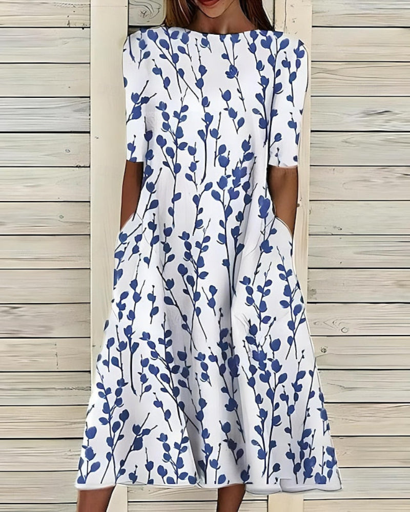 Hazel | Women's Floral Print Midi Dress | Half Sleeve Side Pockets-Women Dress-Eltrendio