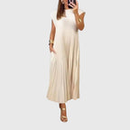 Helena | Women's Pleated Maxi Dress | Round Neck Holiday Cruise Dress-Women Dress-Eltrendio