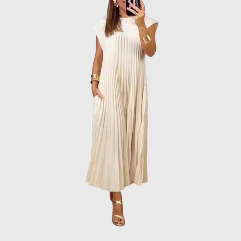 Helena | Women's Pleated Maxi Dress | Round Neck Holiday Cruise Dress-Women Dress-Eltrendio