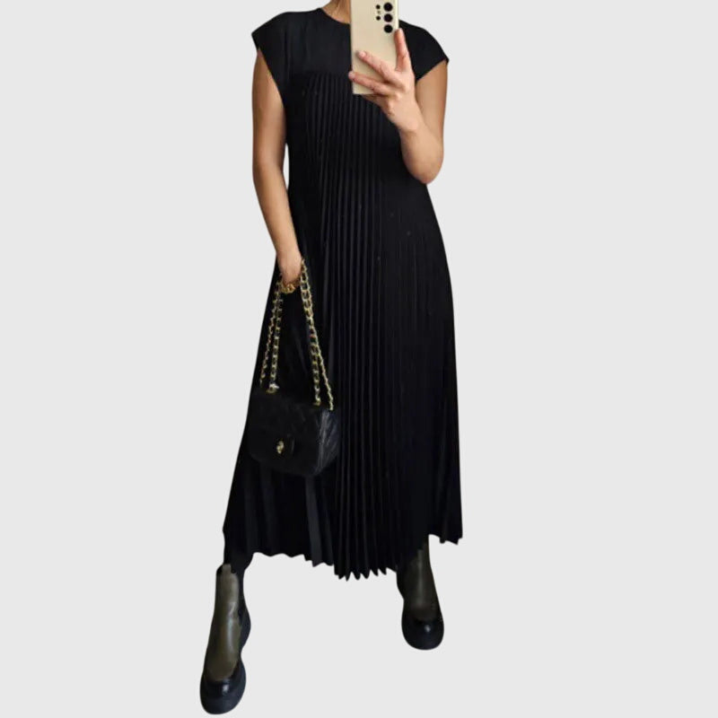 Helena | Women's Pleated Maxi Dress | Round Neck Holiday Cruise Dress-Women Dress-Eltrendio