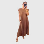 Helena | Women's Pleated Maxi Dress | Round Neck Holiday Cruise Dress-Women Dress-Eltrendio