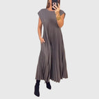 Helena | Women's Pleated Maxi Dress | Round Neck Holiday Cruise Dress-Women Dress-Eltrendio