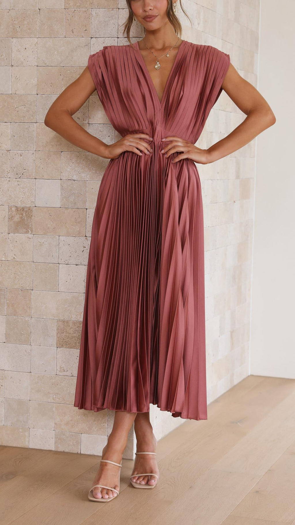 Isla | Women’s Pleated Midi Dress | V Neck Cap Sleeve Wedding Guest Dress-Women Dress-Eltrendio