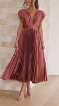 Isla | Women’s Pleated Midi Dress | V Neck Cap Sleeve Wedding Guest Dress-Women Dress-Eltrendio