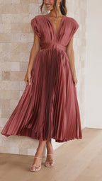 Isla | Women’s Pleated Midi Dress | V Neck Cap Sleeve Wedding Guest Dress-Women Dress-Eltrendio