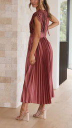 Isla | Women’s Pleated Midi Dress | V Neck Cap Sleeve Wedding Guest Dress-Women Dress-Eltrendio