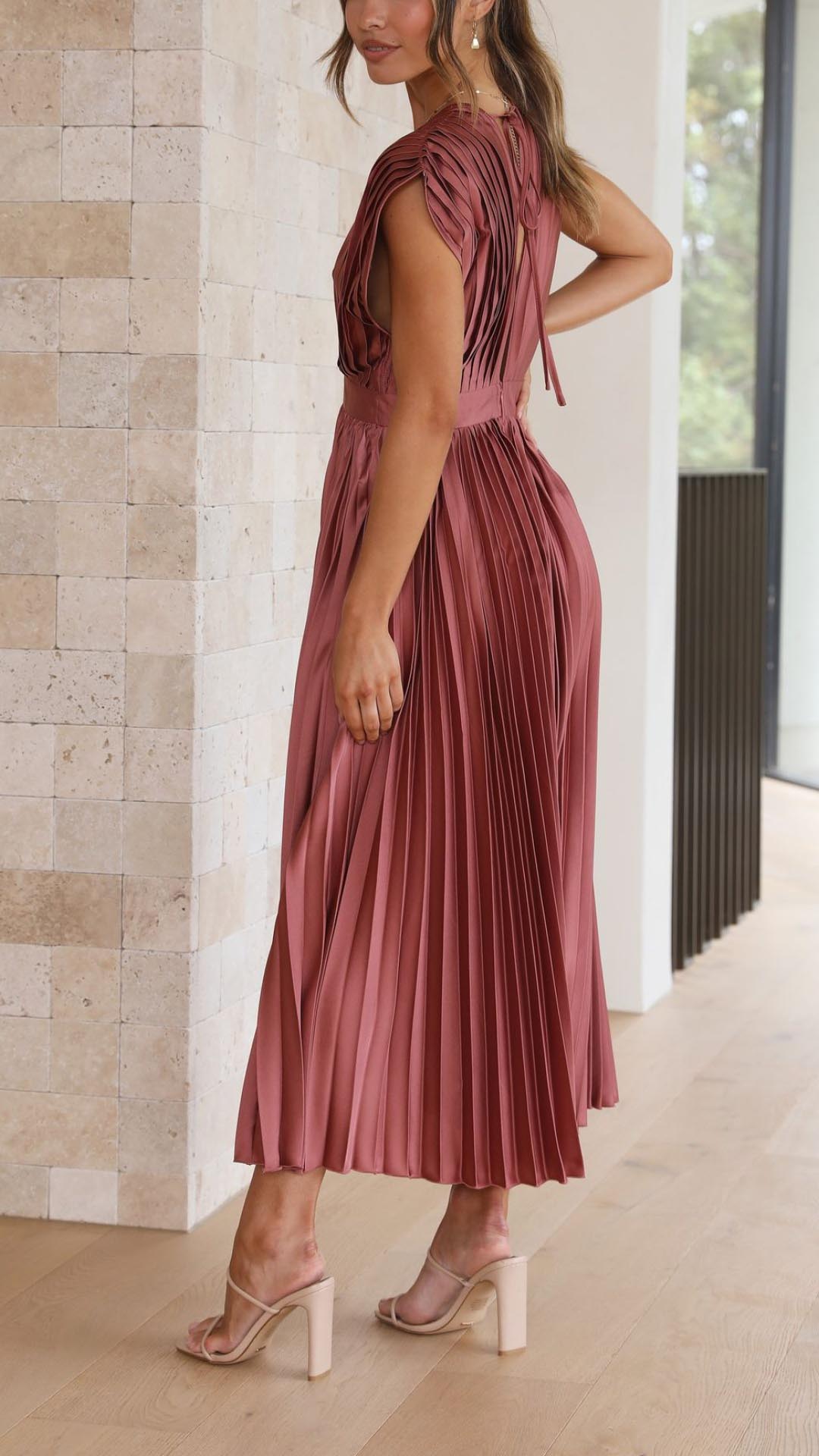 Isla | Women’s Pleated Midi Dress | V Neck Cap Sleeve Wedding Guest Dress-Women Dress-Eltrendio