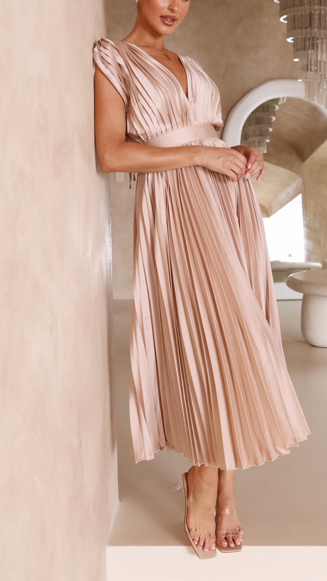Isla | Women’s Pleated Midi Dress | V Neck Cap Sleeve Wedding Guest Dress-Women Dress-Eltrendio