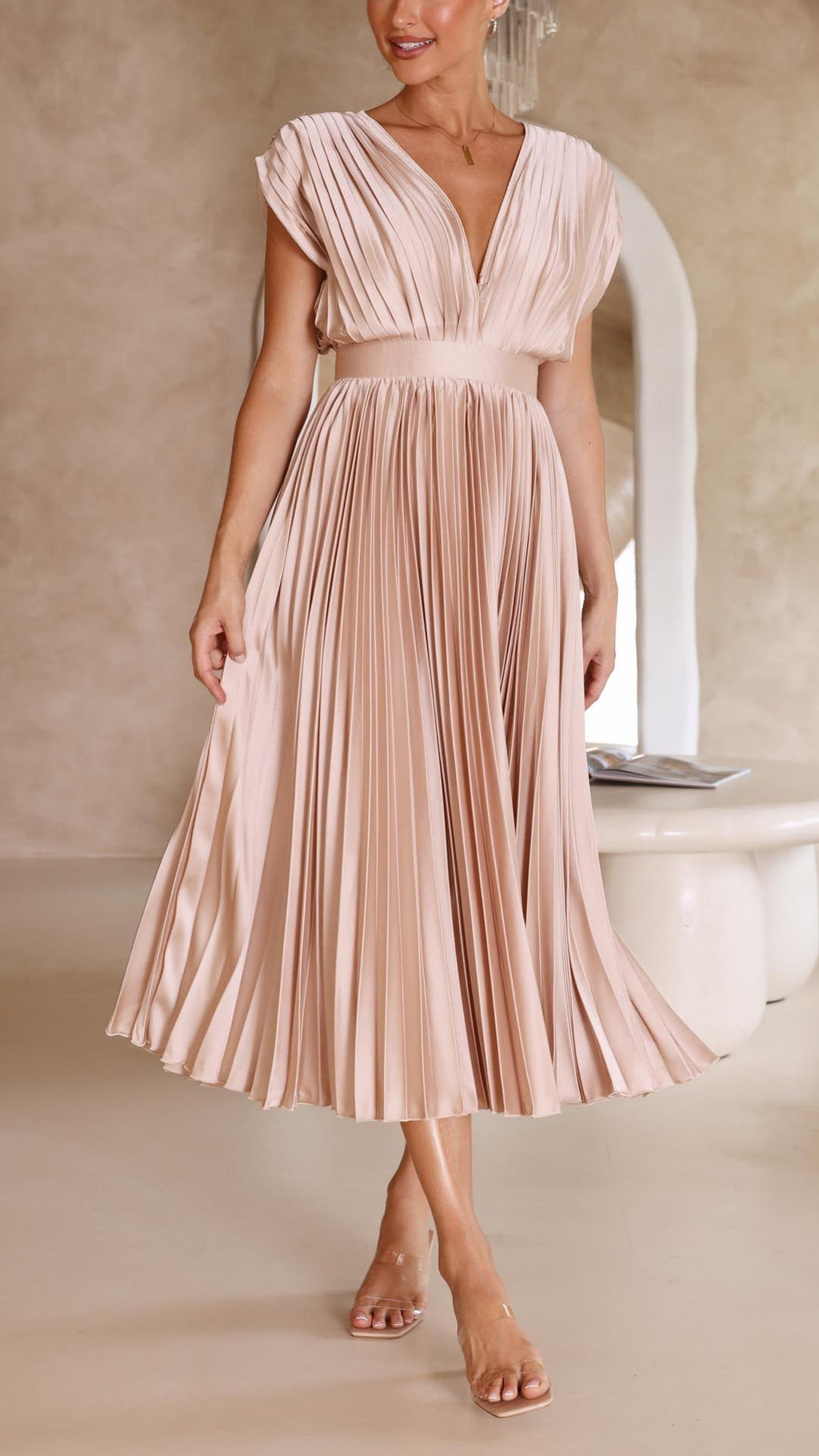 Isla | Women’s Pleated Midi Dress | V Neck Cap Sleeve Wedding Guest Dress-Women Dress-Eltrendio