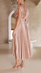 Isla | Women’s Pleated Midi Dress | V Neck Cap Sleeve Wedding Guest Dress-Women Dress-Eltrendio