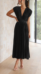 Isla | Women’s Pleated Midi Dress | V Neck Cap Sleeve Wedding Guest Dress-Women Dress-Eltrendio