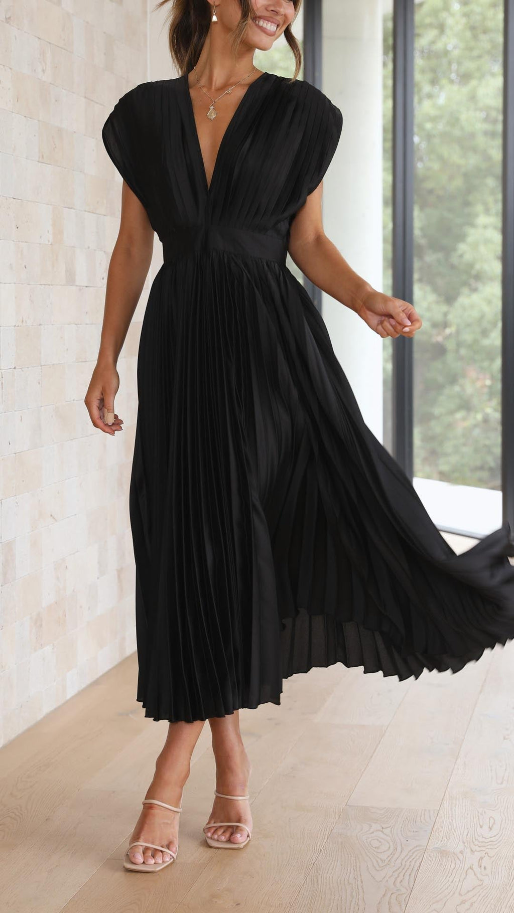 Isla | Women’s Pleated Midi Dress | V Neck Cap Sleeve Wedding Guest Dress-Women Dress-Eltrendio