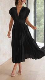 Isla | Women’s Pleated Midi Dress | V Neck Cap Sleeve Wedding Guest Dress-Women Dress-Eltrendio