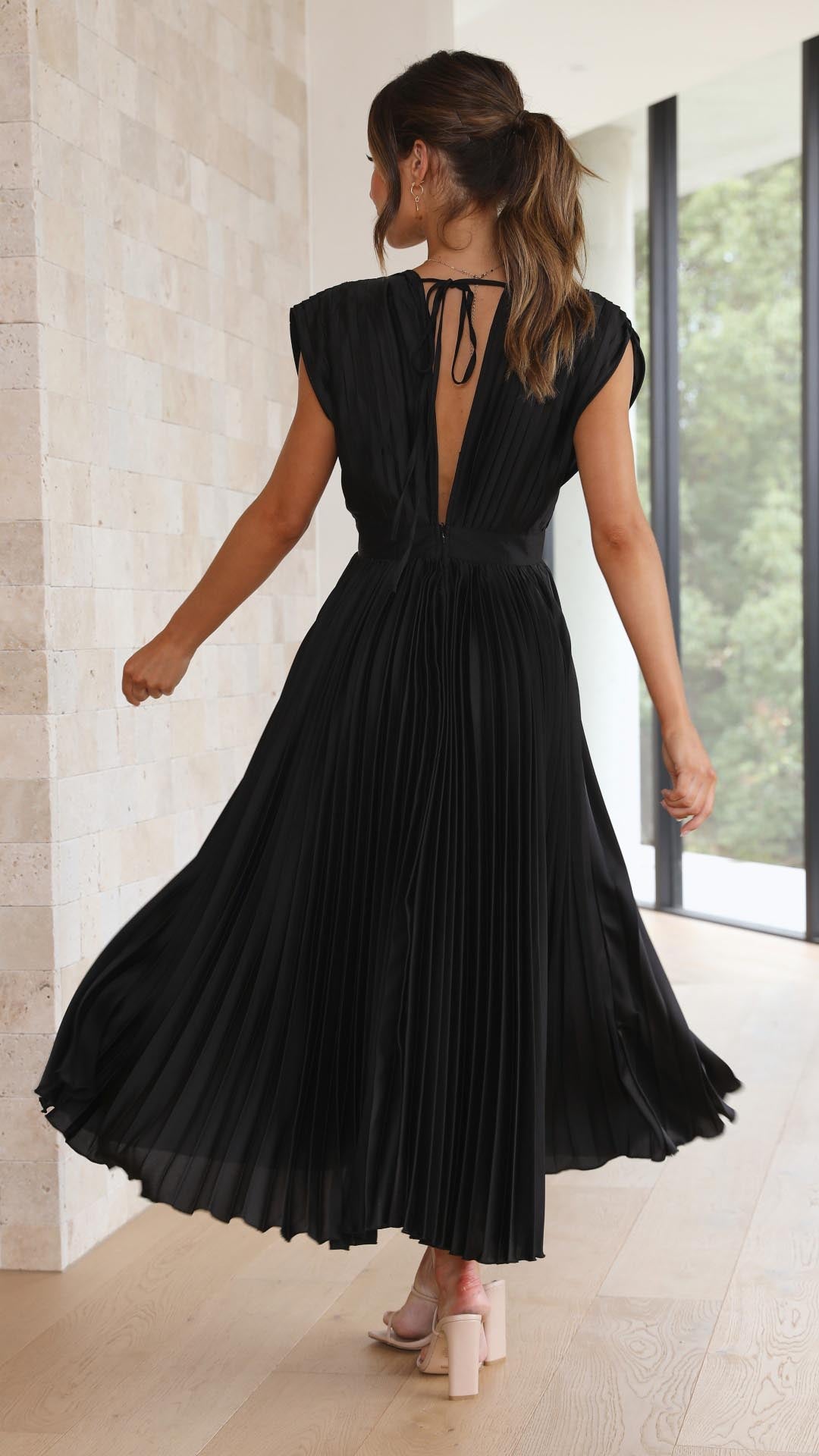 Isla | Women’s Pleated Midi Dress | V Neck Cap Sleeve Wedding Guest Dress-Women Dress-Eltrendio