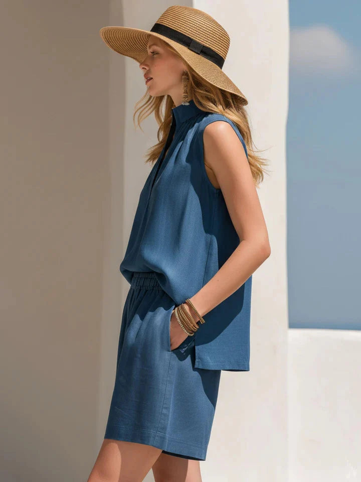 Isla | Women’s Two Piece Set | Sleeveless V Neck Shorts-Women Outfit Set-Eltrendio