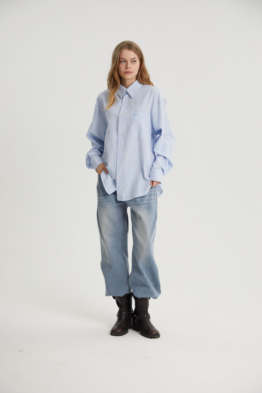 Landon | Unisex Oversized Shirt | Blue Striped Cotton Y2K Style-Eltrendio