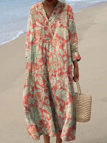 Lydia | Women's Floral Print Midi Dress | Loose Fit Round Neck-Women Dress-Eltrendio