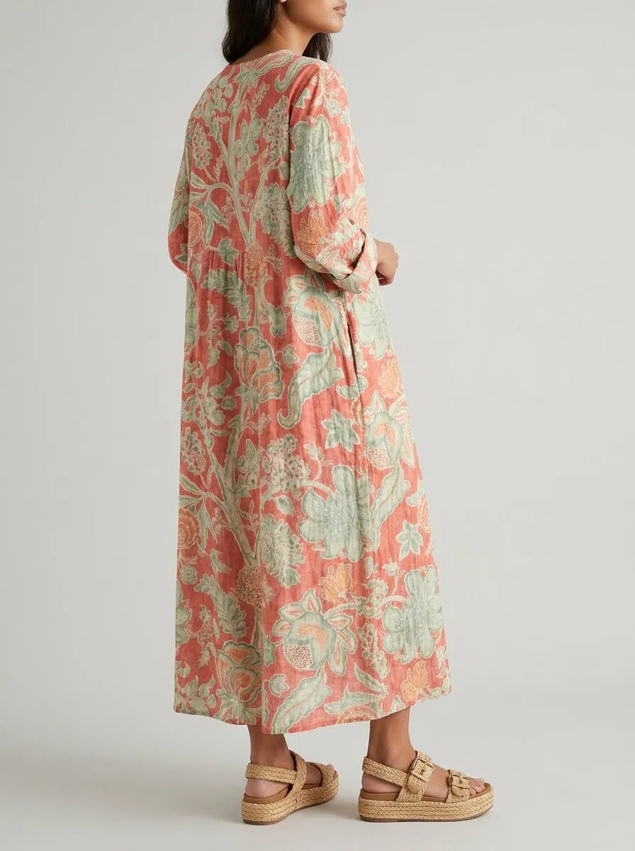 Lydia | Women's Floral Print Midi Dress | Loose Fit Round Neck-Women Dress-Eltrendio