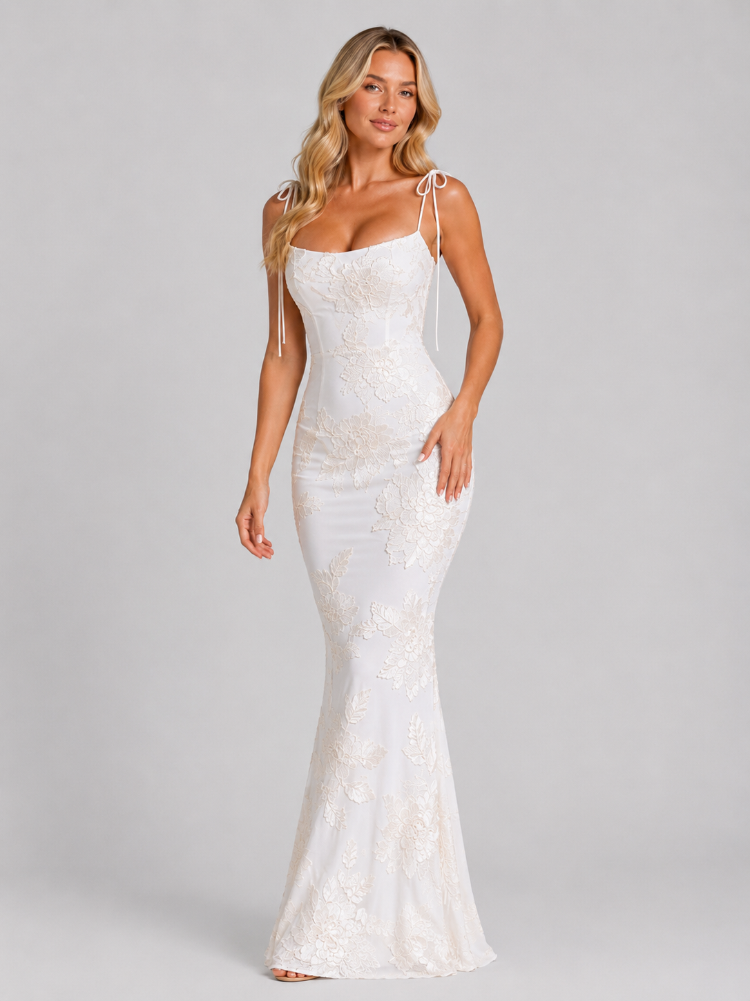 Madeline | Women’s Maxi Dress | Floral Appliqué Tie Strap Wedding Guest-Women Dress-Eltrendio