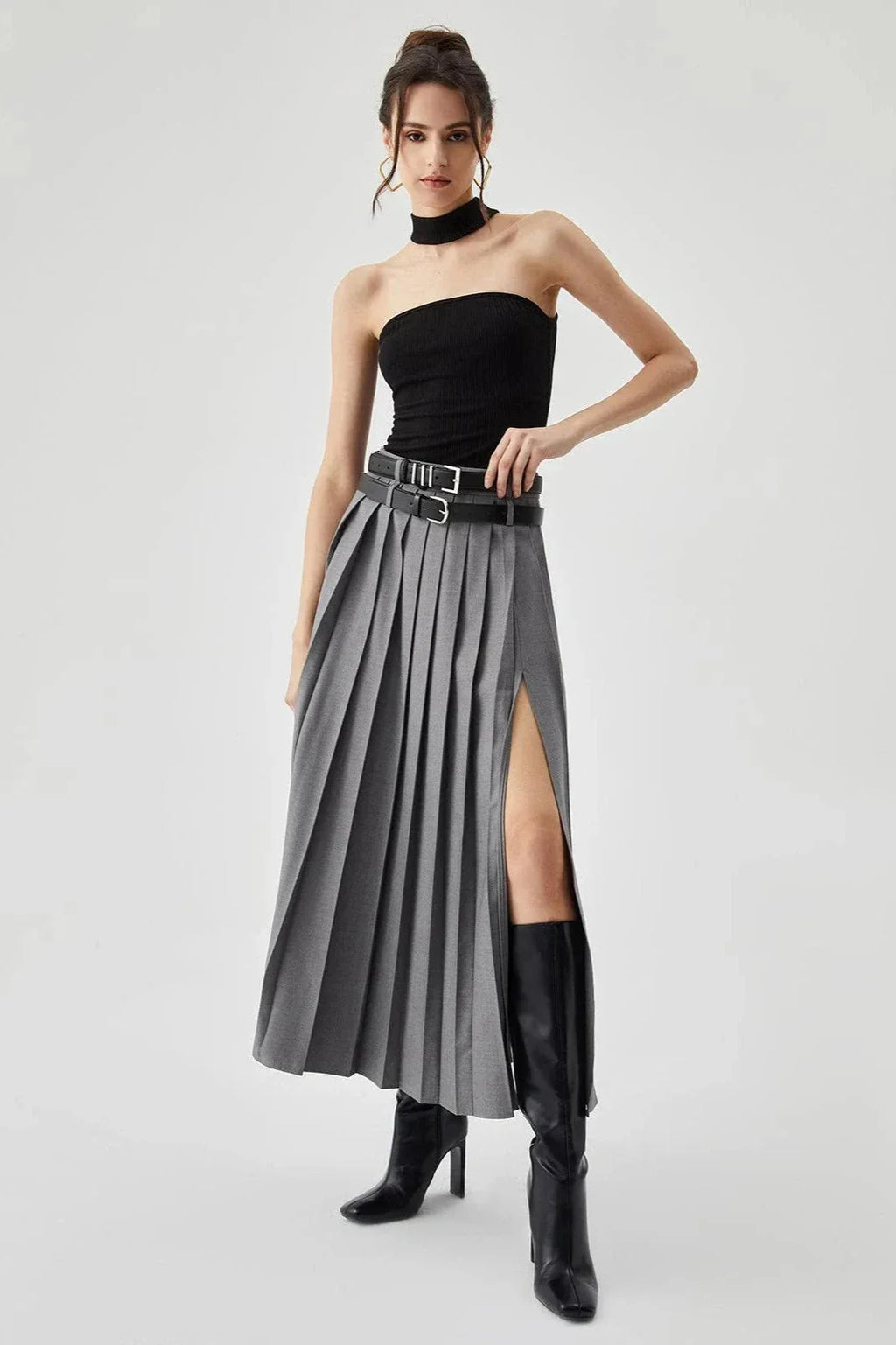Margot | Women’s Pleated Maxi Skirt | High Waist Belted Evening Wear-Women Skirt-Eltrendio