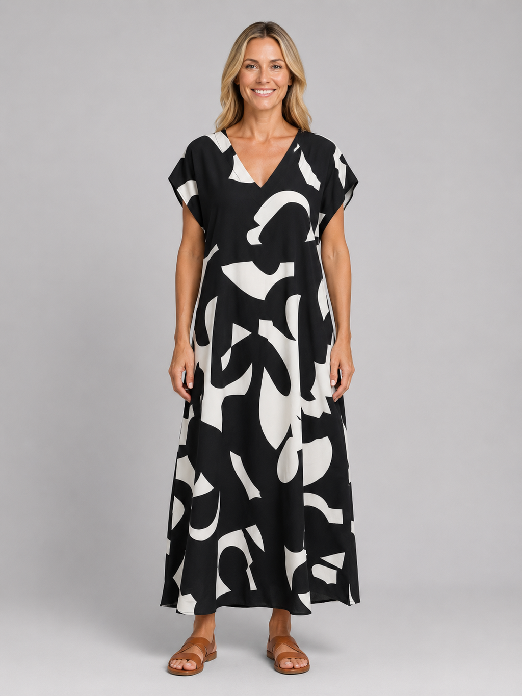 Marina | Women’s Maxi Dress | Abstract Print V Neck-Women Dress-Eltrendio