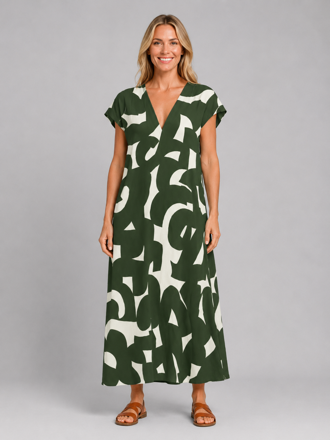 Marina | Women’s Maxi Dress | Abstract Print V Neck-Women Dress-Eltrendio