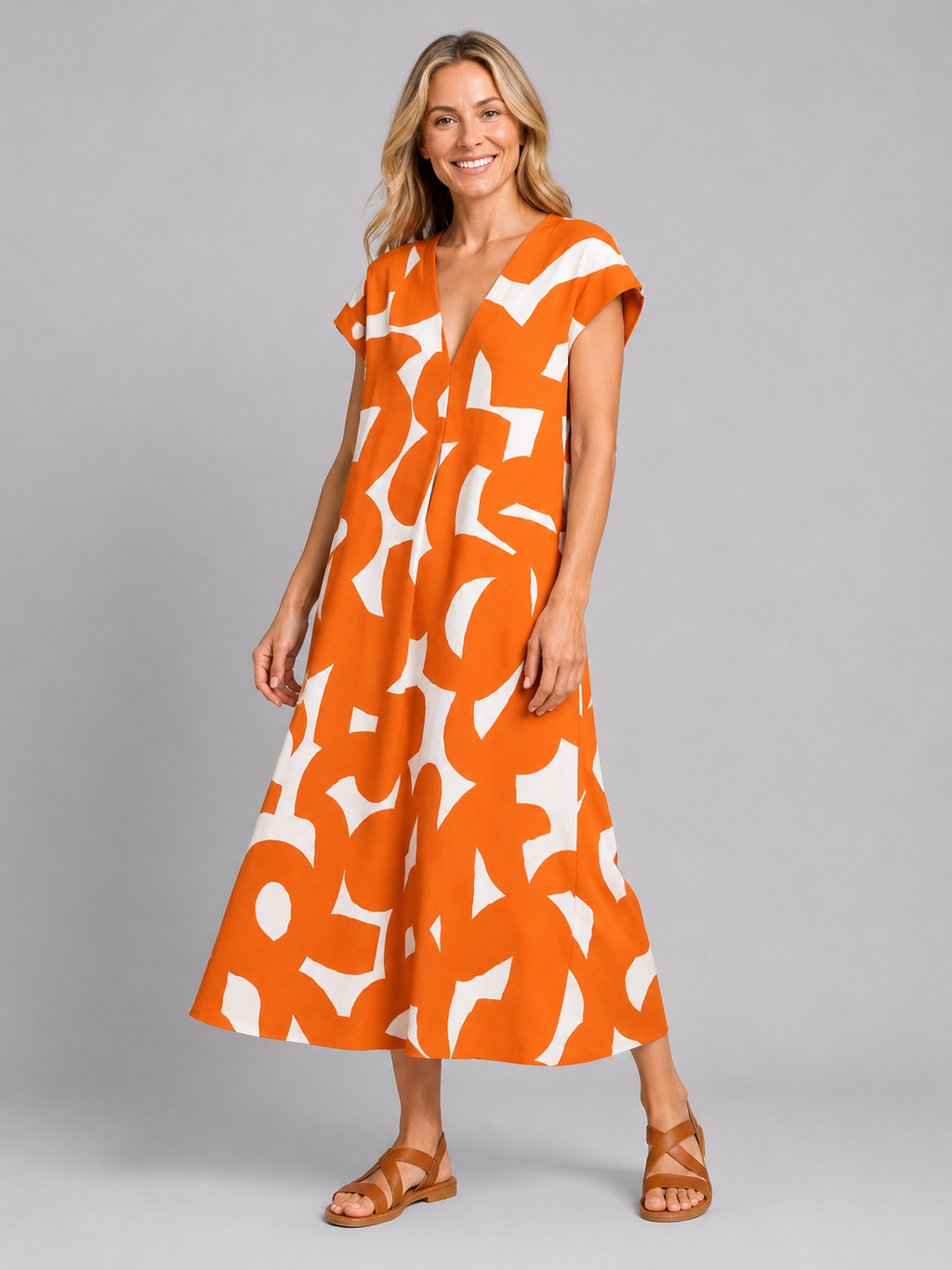 Marina | Women’s Maxi Dress | Abstract Print V Neck-Women Dress-Eltrendio