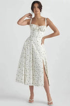 Meadowbrook | Women’s Floral Midi Dress | Shoulder Straps Gathered Bodice Wedding Guest Dress-Women Dress-Eltrendio