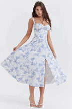 Meadowbrook | Women’s Floral Midi Dress | Shoulder Straps Gathered Bodice Wedding Guest Dress-Women Dress-Eltrendio