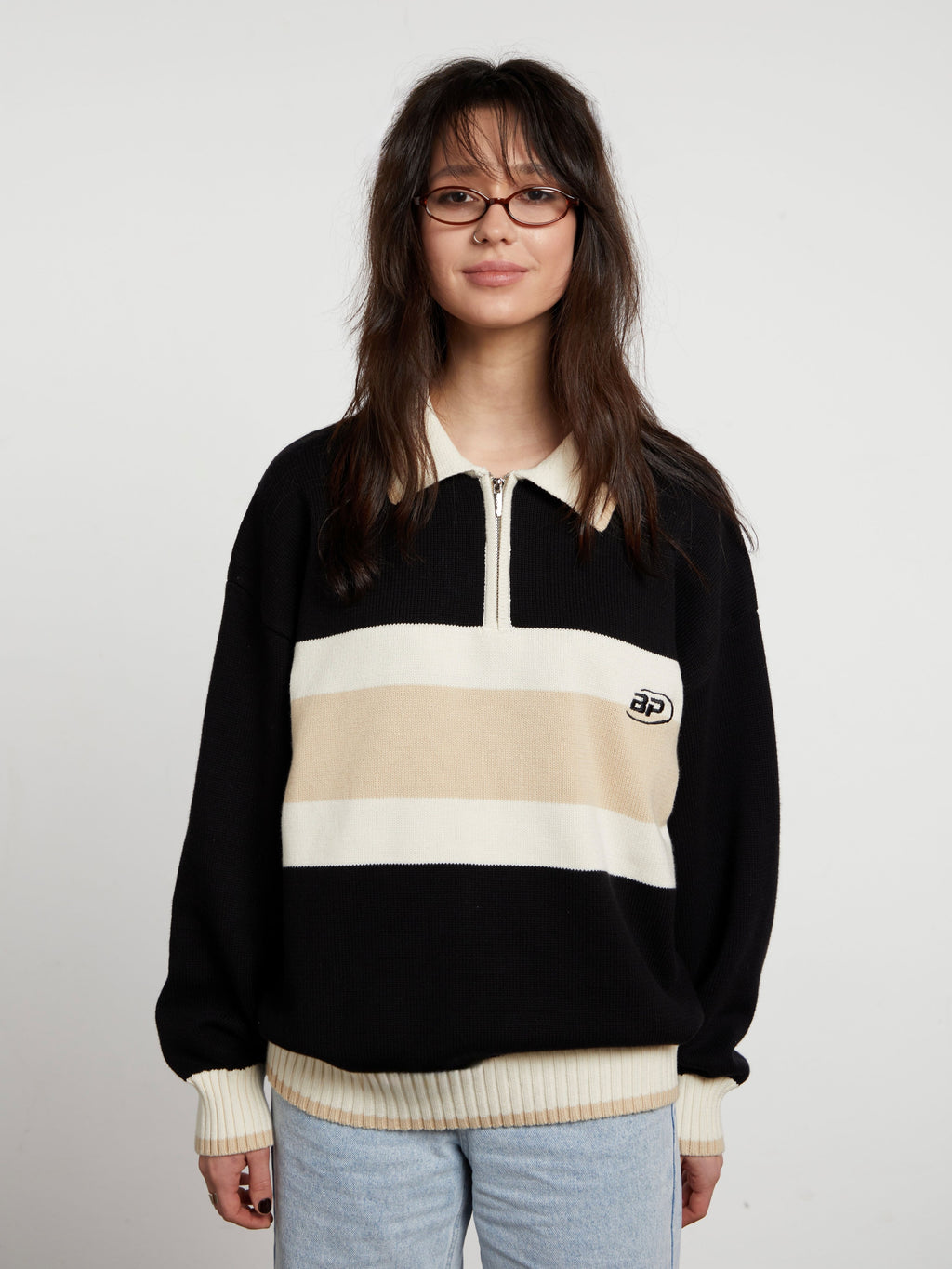 Nolan | Unisex Half Zip Polo Sweater | Oversized Striped Y2K Style-Eltrendio