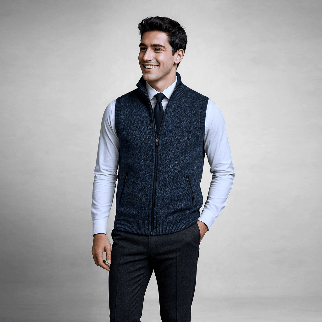 Oakridge | Men’s Zip Front Sweater Vest | Stand Collar Sleeveless Layering Wear-Men Vest-Eltrendio