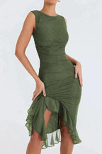 Olivia | Women’s Sleeveless Midi Dress | Ruched Detail Asymmetrical Hem Wedding Guest Dress-Women Dress-Eltrendio