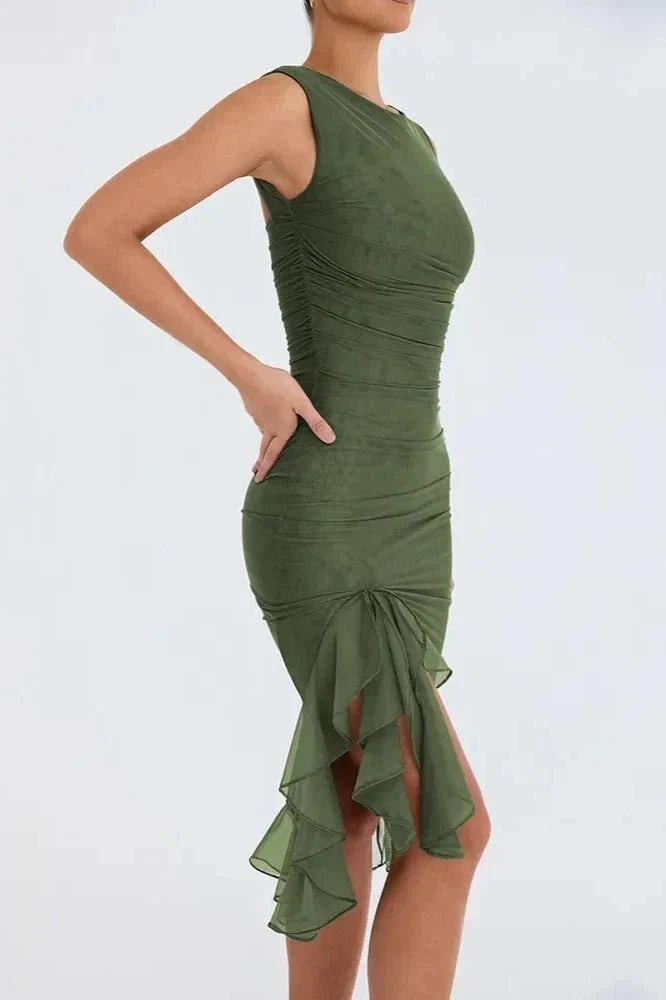 Olivia | Women’s Sleeveless Midi Dress | Ruched Detail Asymmetrical Hem Wedding Guest Dress-Women Dress-Eltrendio