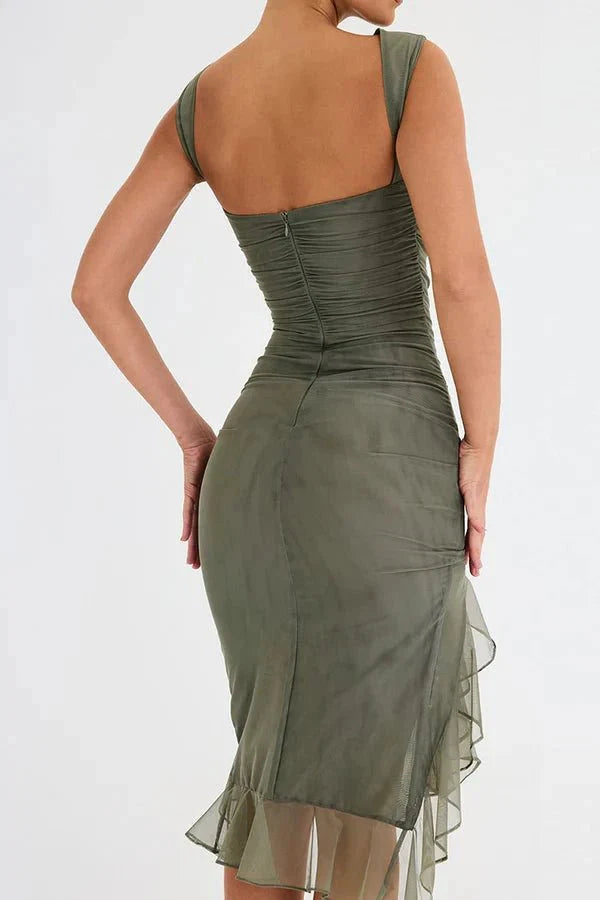 Olivia | Women’s Sleeveless Midi Dress | Ruched Detail Asymmetrical Hem Wedding Guest Dress-Women Dress-Eltrendio