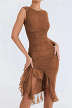 Olivia | Women’s Sleeveless Midi Dress | Ruched Detail Asymmetrical Hem Wedding Guest Dress-Women Dress-Eltrendio