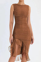 Olivia | Women’s Sleeveless Midi Dress | Ruched Detail Asymmetrical Hem Wedding Guest Dress-Women Dress-Eltrendio