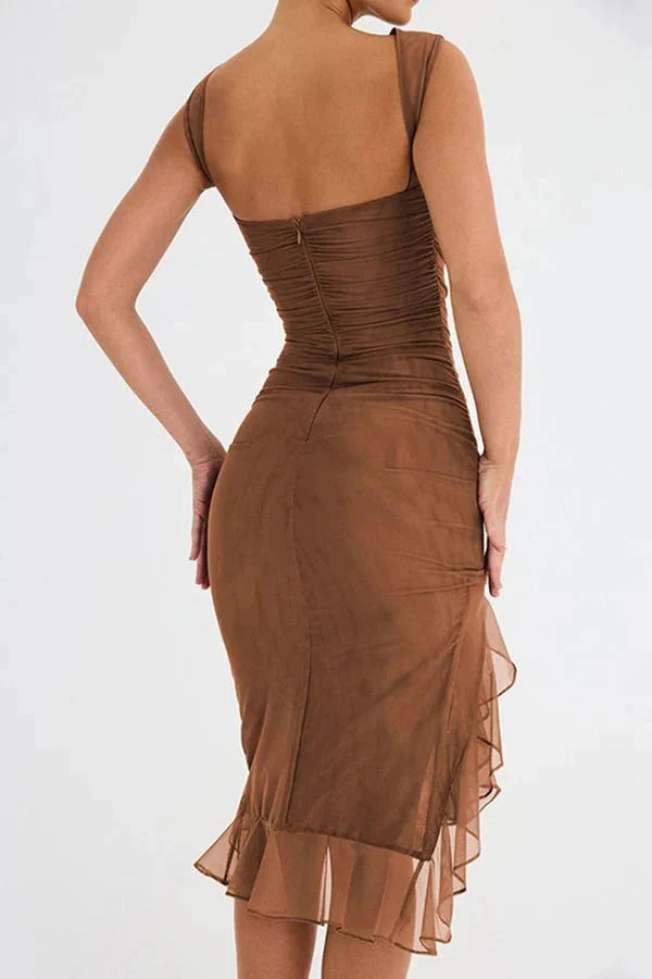 Olivia | Women’s Sleeveless Midi Dress | Ruched Detail Asymmetrical Hem Wedding Guest Dress-Women Dress-Eltrendio