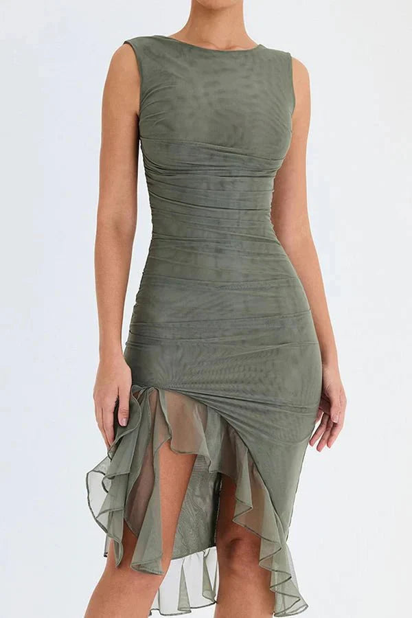 Olivia | Women’s Sleeveless Midi Dress | Ruched Detail Asymmetrical Hem Wedding Guest Dress-Women Dress-Eltrendio