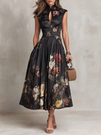 Penelope | Women's Floral Print Midi Dress | Keyhole Neck Wedding Guest Dress-Women Dress-Eltrendio