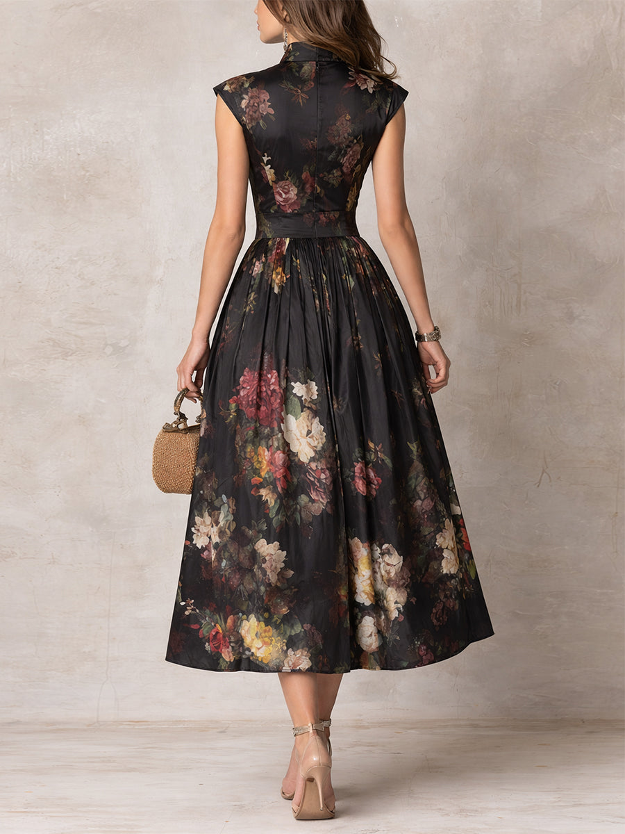 Penelope | Women's Floral Print Midi Dress | Keyhole Neck Wedding Guest Dress-Women Dress-Eltrendio