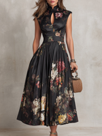 Penelope | Women's Floral Print Midi Dress | Keyhole Neck Wedding Guest Dress-Women Dress-Eltrendio
