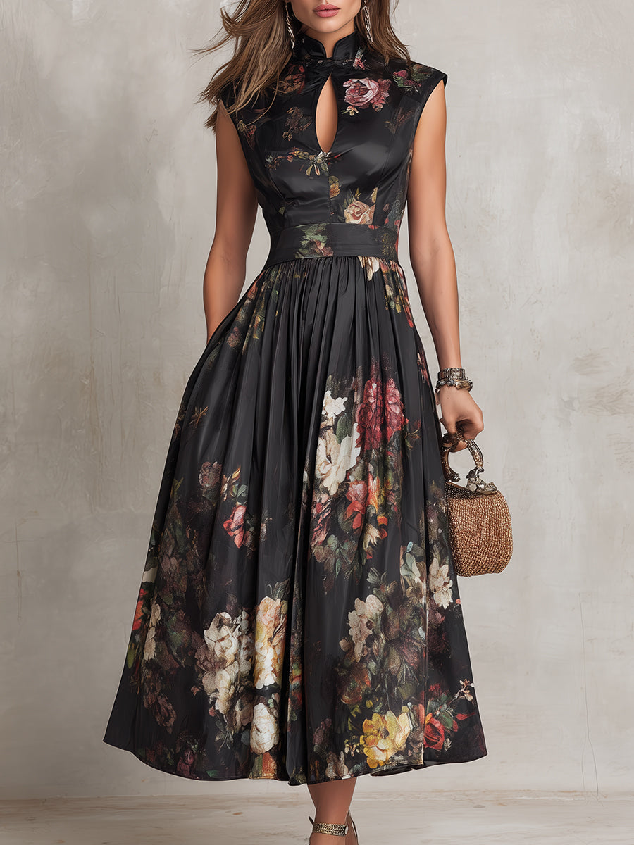 Penelope | Women's Floral Print Midi Dress | Keyhole Neck Wedding Guest Dress-Women Dress-Eltrendio